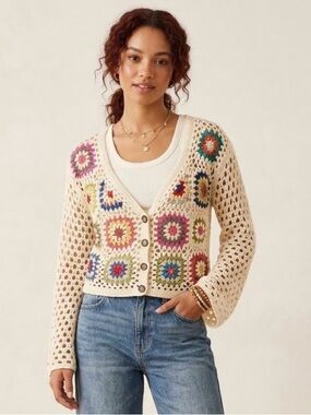 Debut Bohemian Ivory Crochet Granny Square Cardigan Size Large